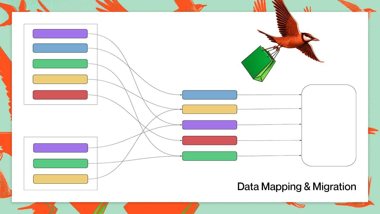 A diagram of interconnected boxes of different colors, symbolizing data mapping and migration.