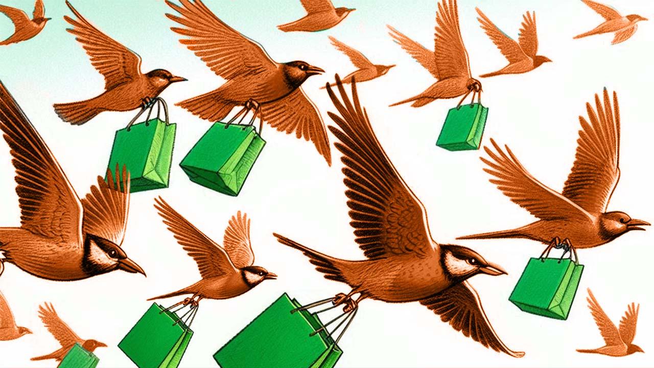 A flock of orange birds in flight, many of the birds carrying green shopping bags.
