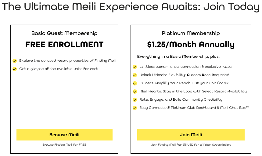 Snapshot of Finding Meili subscription options. 