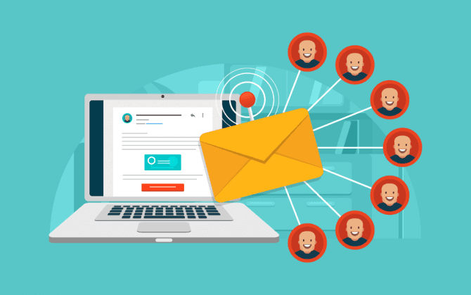 Image showing emails being sent from a laptop to multiple receivers