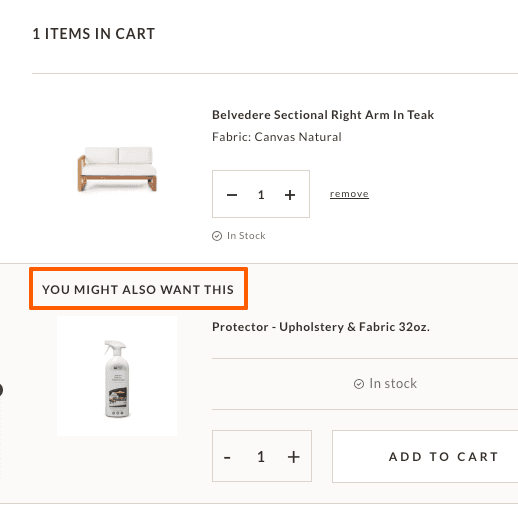 Image showing the checkout process and the bundled or recommended products offered inside of the shopping cart window.